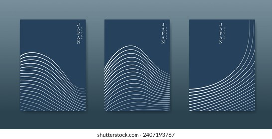 Japanese landscape background set cards gold line wave pattern vector illustration. Blue luxury Abstract template geometric wavy texture. Mountain layout design in oriental style, vertical brochure