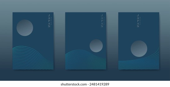 Japanische Landschaft Hintergrund Set Karten Blue Line Wave Muster Vektorillustration. Luxuriöse Abstrakte Vorlage geometrische wellenförmige Textur. Wasser und Mond Layout Design im orientalischen Stil, vertikale Broschüre