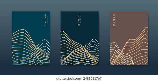 Japanese landscape background set cards line wave pattern vector illustration. Abstract colorful template geometric wavy texture. Mountain layout design in oriental style, vertical brochure