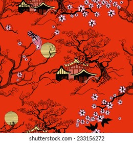 Japanese landscape. Beautiful Asian pattern