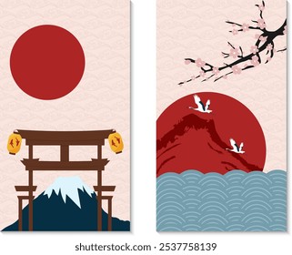 Japanese landscape cards. Ritual gate with lanterns on the mountain background. Sea, sakura and cranes. Minimalistic illustration. Background with stylized clouds. Vector illustration