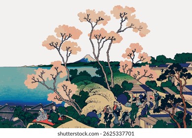 Japanese landscape with cherry blossoms, traditional houses, and distant mountains. Scenic view of nature, blossoms, and cultural architecture. Vintage art illustration vector.