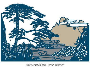 Japanese Landscape. Chinese Oriental Hand Drawn Mountain and Clouds. Navy Blue Textile Design. Indigo Background. Textile, Fabric Print. Exotic Tree Pattern.