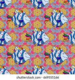Japanese Landscape with fish. Vector stock illustration. Sea fishes on colored background.