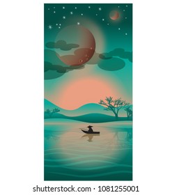 Japanese landscape and fishing on boat vector illustration 