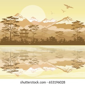 Japanese landscape with forest, lake and mountains