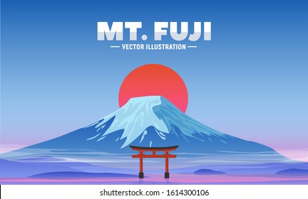 Japanese landscape with Fuji mountain. Composition with Japanese cherry, temple and tower. Night view on most famous tourist attractions in Tokyo. Fujiyama vector illustration for web or banner.