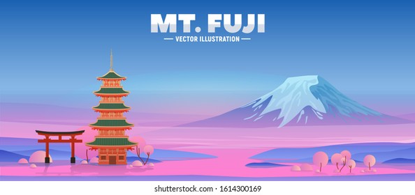 Japanese landscape with Fuji mountain. Composition with Japanese cherry, temple and tower. Night view on most famous tourist attractions in Tokyo. Fujiyama vector illustration for web or banner.