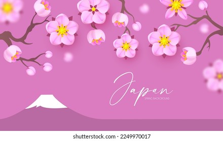 Japanese landscape with Fuji mountain and sakura blossom. Asian background.