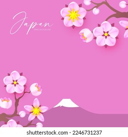 Japanese landscape with Fuji mountain, shining lanterns and sakura blossom. Asian background.