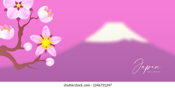 Japanese landscape with Fuji mountain, shining lanterns and sakura blossom. Asian background.