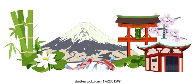 Paisaje japonés con fuji. Vector ambientado con pagoda, sakura, carpas de bambú y koi para pancartas y afiches de viaje.