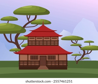 Japanese landscape. House against the background of trees and mountains. Eastern culture. Vector illustration