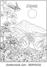Japanese Landscape with Mount Fuji, sea, and Japanese woman kimono and tradition flowers and a bird. Outline drawing coloring page. Coloring book for adult. Vector stock illustration.