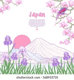 Japanese Landscape with Mount Fuji and tradition flowers and a bird. Poster or postcard. Vector stock.