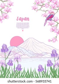 Japanese Landscape with Mount Fuji and tradition flowers and a bird. Poster or postcard. Vector stock.