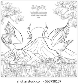 Japanese Landscape with Mount Fuji and tradition flowers and a bird. Outline drawing coloring page. Coloring book for adult. Vector stock illustration.
