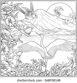 Japanese Landscape with Mount Fuji and tradition flowers and a bird. Outline drawing coloring page. Coloring book for adult. Vector stock illustration.