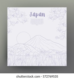Japanese Landscape with Mount Fuji and tradition flowers and a bird. Poster or postcard. Vector stock.