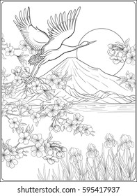 Japanese Landscape with Mount Fuji and tradition flowers and a bird. Outline drawing coloring page. Coloring book for adult. Vector stock illustration.