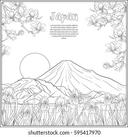 Japanese Landscape with Mount Fuji and tradition flowers and a bird. Outline drawing coloring page. Coloring book for adult. Vector stock illustration.