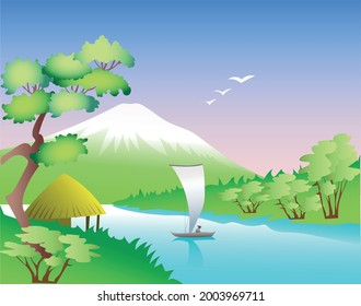 Japanese landscape with mountain and river. Vector art illustration
