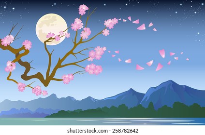 Japanese landscape with mountain vector illustration. Romantic scene with Japanese blossom sakura wallpaper.