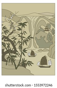 japanese landscape, nature, bamboo, birds, waterfall, boats, sakura, tranquility, antique graphics