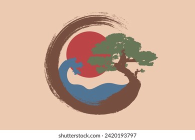 Japanese landscape on Enso Zen Circle, Bonsai Tree and big red sun, hand-drawn with colorful ink in traditional oriental style sumi-e, Vector logo design in Paint Brush art design, vintage background