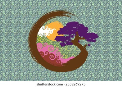 Japanese landscape on Enso Zen Circle, Bonsai Tree and big red sun, hand-drawn with colorful ink in traditional oriental style sumi-e, Vector logo design in Paint Brush art design, vintage background