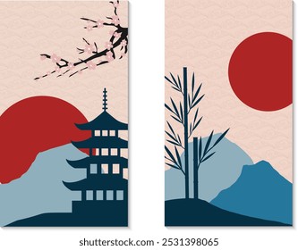 Japanese landscape with pagoda, bamboo and sakura. Set of posters. Mountain landscape and red sun. Textured background. Vector illustration