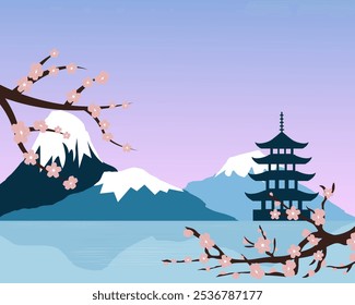 Paisagem japonesa com pagode. Sakura sobre o fundo das montanhas, reflexão na água. Cultura oriental. Ilustração vetorial