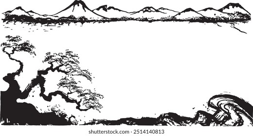 Japanese landscape with pine tree, wave and mountains. hand drawn illustration.