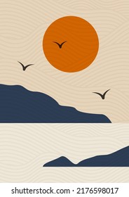 Japanese landscape poster illustration. Mountain and lake