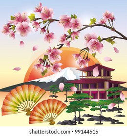 Japanese landscape with sakura -  cherry tree, symbol of oriental culture.  Vector illustration.