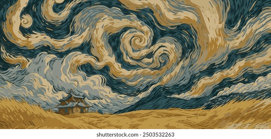 Japanische Landschaft im Stil von Vincent Van Gogh Gemälde.Vektorgrafik