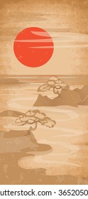 Japanese landscape. Sunset on the river
