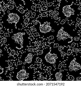 Japanese landscape with a tiger. Abstract Tiger seamless pattern. Wild life animals. Black and white fashion illustration. Vector Illustration. - Vector.