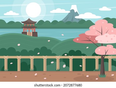 Japanese landscape vector illustration. Cartoon asian traditional temple, pavilion or Torii gate. Oriental pagoda in Japan. Flat fuji mountain lake scenery and blooming sakura tree. Travel to Asia.