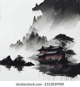 Japanese Landscape Watercolor. asia art