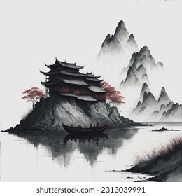 Japanese Landscape Watercolor. asia art