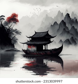 Japanese Landscape Watercolor. asia art