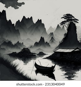 Japanese Landscape Watercolor. asia art