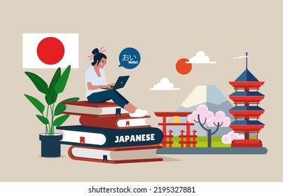 Japanese language course. Japanese dictionary. Distant education technology for language school. Vector illustration. 