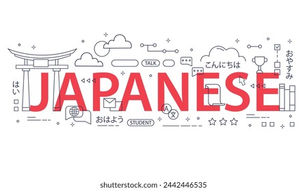 Japanese language learning. Vector illustration for website interface design, learning language. Online course Japanese