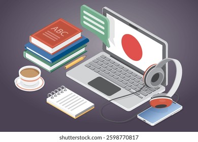 Japanese language lessons. Online language courses concept. Internet class, e learning, distance education, remote school, university. 3d flat isometric vector illustration.