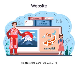 Japanese language online service or platform. Japanese school course. Study foreign languages with native speaker. Website. Flat vector illustration