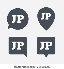 Japanese language sign icon. JP Japan translation symbol. Map pointers information buttons. Speech bubbles with icons. Vector