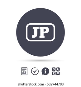 Japanese language sign icon. JP Japan translation symbol with frame. Report document, information and check tick icons. Currency exchange. Vector