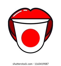 Japanese language tongue with flag Japan open woman smile mouth flat icon